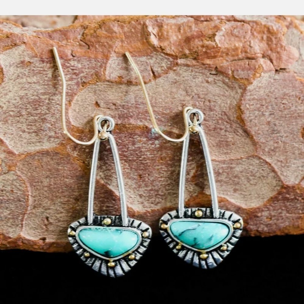 Vintage 925 Silver Dangle Drop Turquoise Earrings - Picture 3 of 5